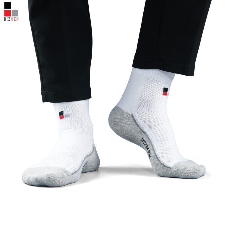 Tất Nam, Vớ Nam Thể Thao Cotton Cổ Trung Kháng Khuẩn Khử Mùi Bizmen - CSP.01 - Trắng-Xám